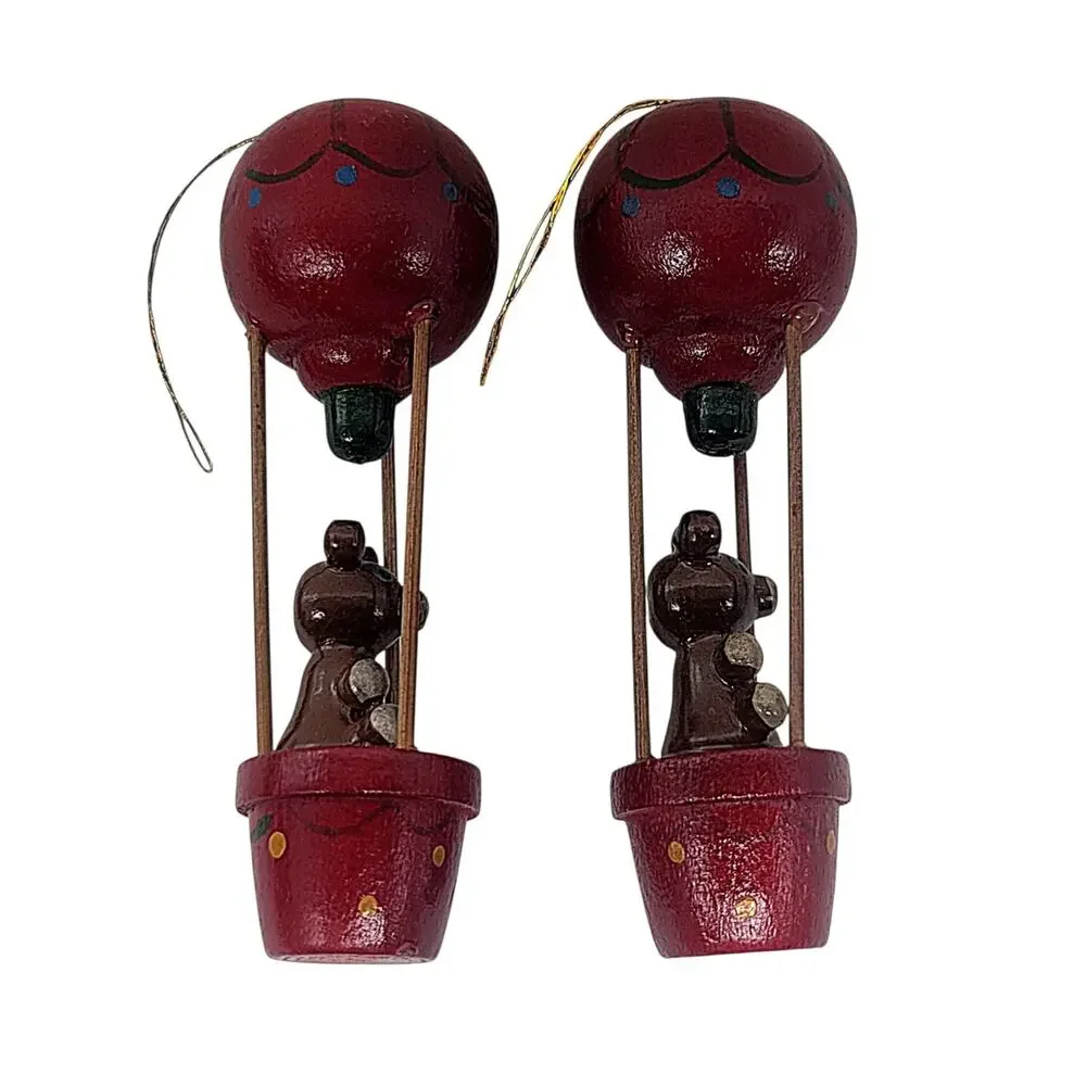 Vtg Lot of 2 Wooden Teddy Bears Hot Air Balloons Christmas Ornaments 4.5